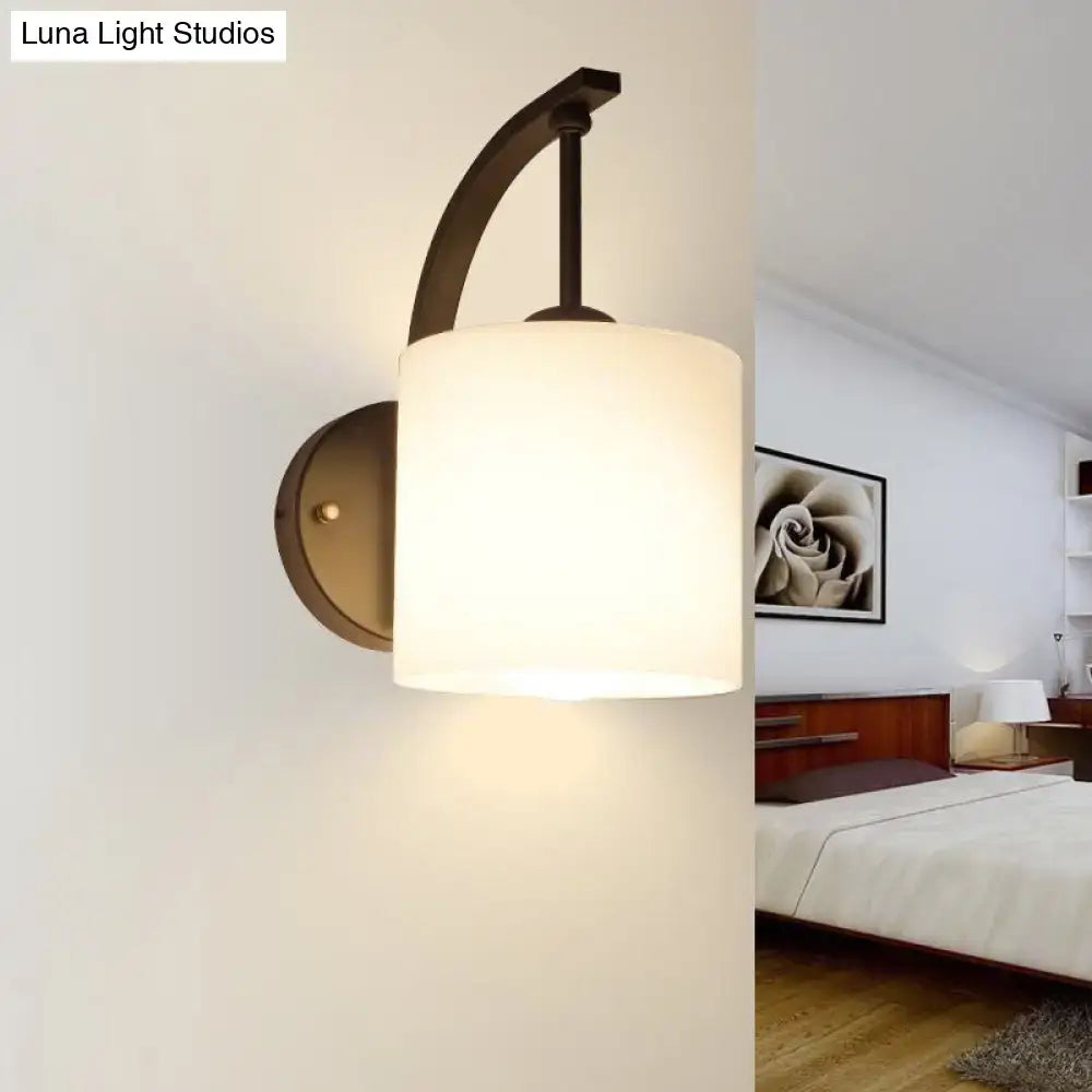Vintage black glass wall lamp fixture type with curved arm dark bronze frame and warm frosted glass shade e26 e27 compatible