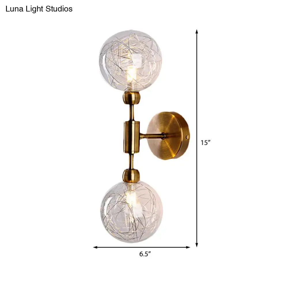 Vintage black and gold brass wall sconce with two clear glass crackled globes compatible with e26 e27 bulbs