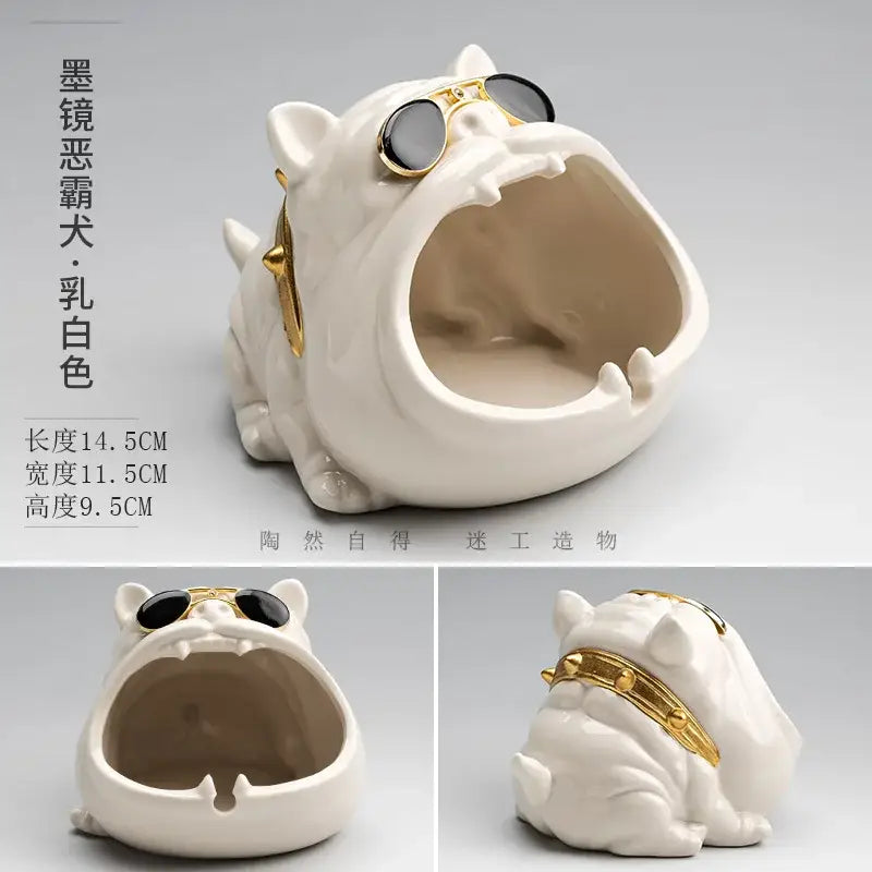 White ceramic bulldog ashtray with gold sunglasses and collar decorbites ceramic dog for living room decor