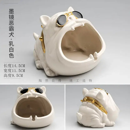 White ceramic bulldog ashtray with gold sunglasses and collar decorbites ceramic dog for living room decor