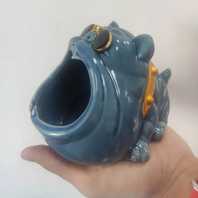 Blue ceramic dog ashtray shaped like a bulldog with gold collar and sunglasses decorbites ceramic dog living room decor