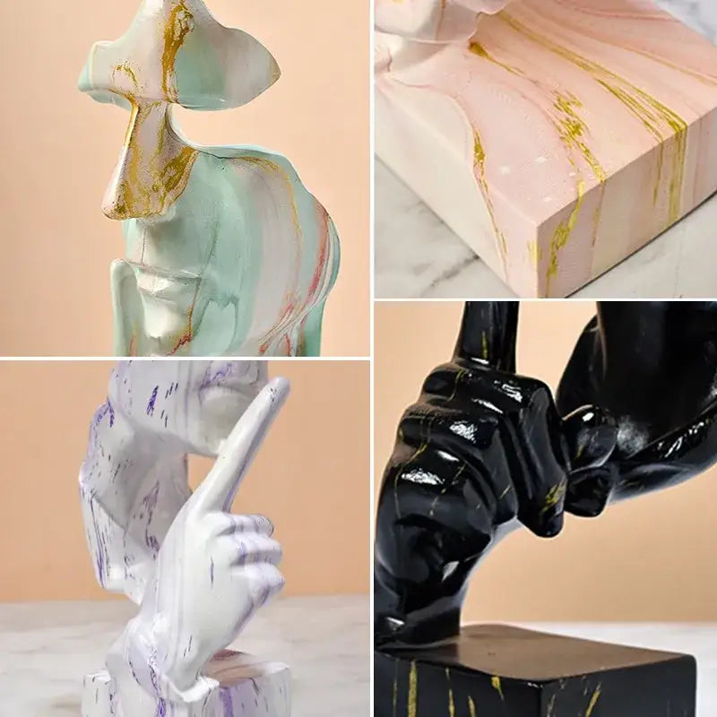 A sleek black resin vintage 27cm silence golden face sculpture with gold streaks for office decor