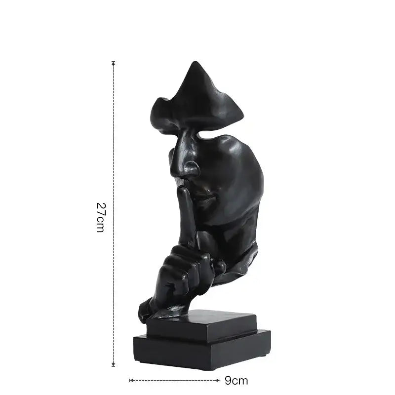 Black glossy resin 27cm silence golden face sculpture making shh gesture on matching base for office decor