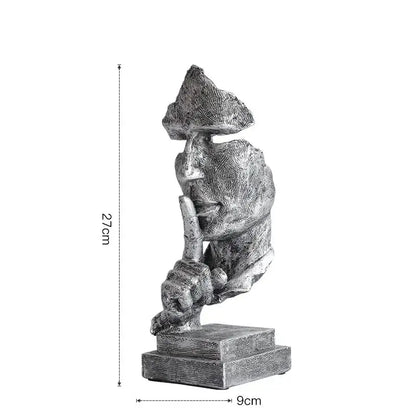 Silver-toned resin 27cm silence golden face abstract sculpture of a man with finger to lips on stepped base for office decor