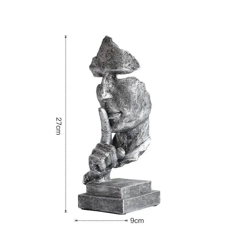 Silver-toned resin 27cm silence golden face abstract sculpture of a man with finger to lips on stepped base for office decor