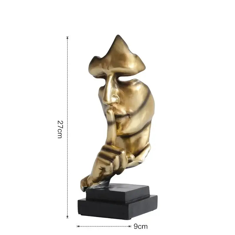 Golden face abstract sculpture with hand on lips on black base vintage black and gold office decor 27cm silence golden