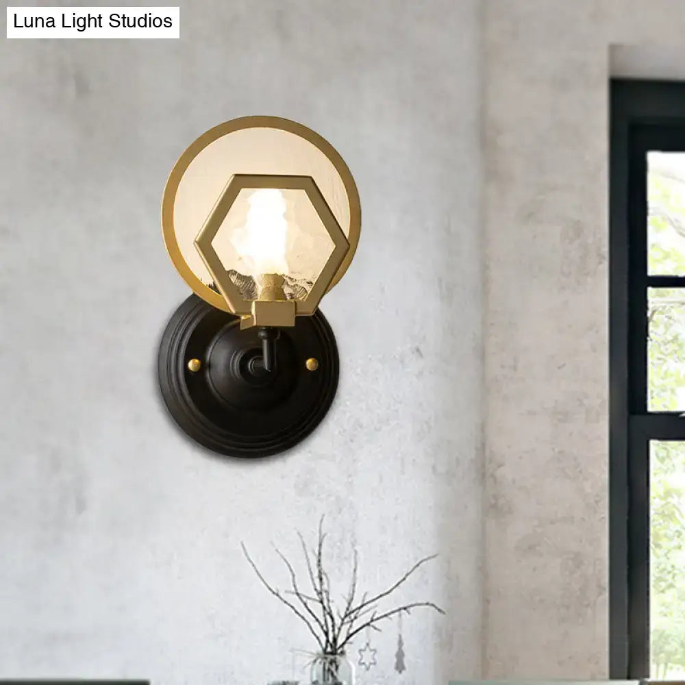 Vintage black and gold geometric wall lamp with gold-toned hexagonal glass and black finish for living space lighting