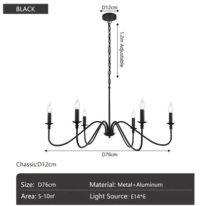 Vintage black and gold metal pendant light with six candle-style lights and adjustable chain for dining room