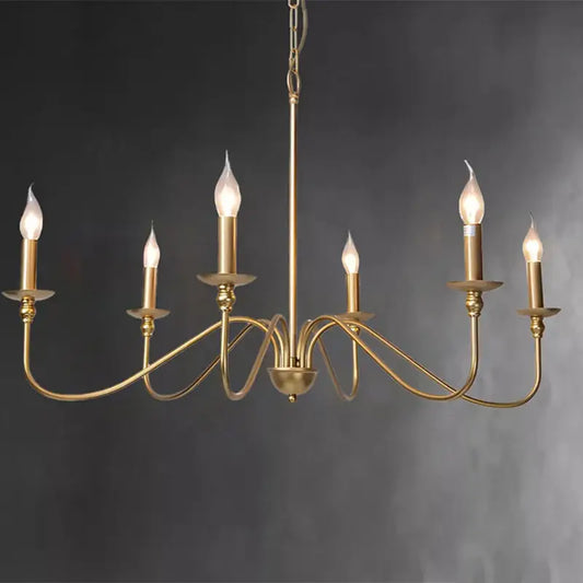 Brass-finished metal pendant light with five candle-style bulbs and curved arms for dining room chandelier use