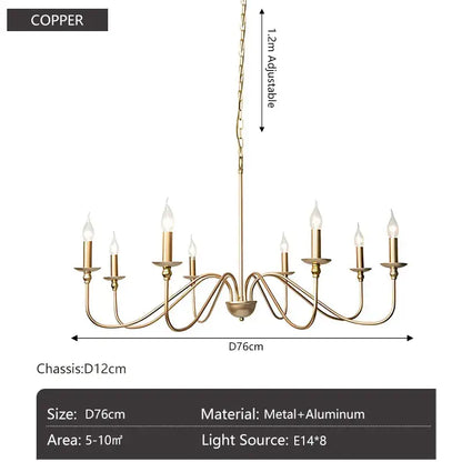 Vintage black and gold metal pendant light with copper chandelier and eight candle-like bulbs for dining room use