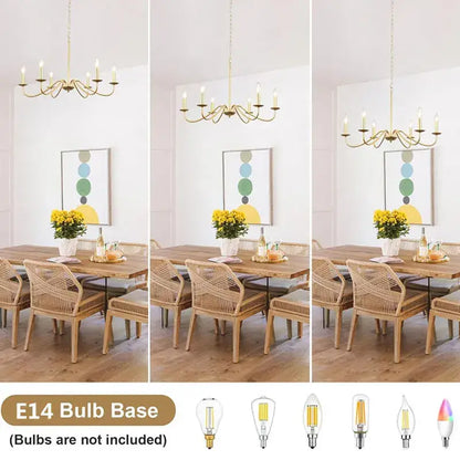 Vintage black and gold metal pendant light featuring a gold-toned wrought iron chandelier with candle-style arms and exposed bulbs
