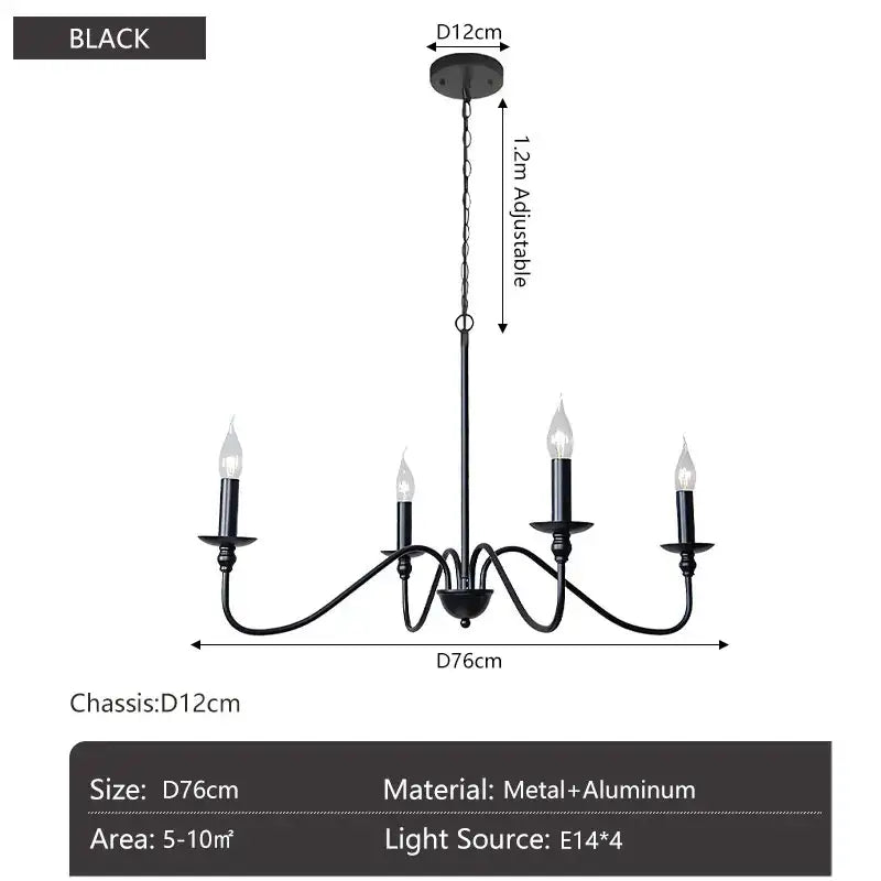 Vintage black and gold metal pendant light chandelier with five candle-style lights for dining room use