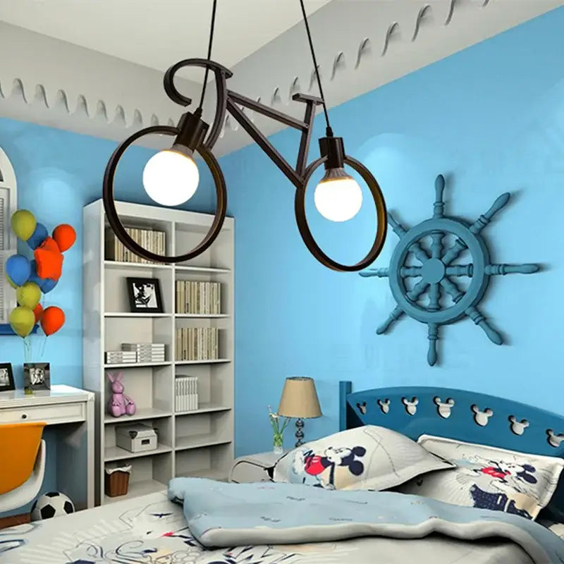 Vintage black iron bicycle chandelier pendant light with two exposed bulbs for living room decorbites iron bicycle