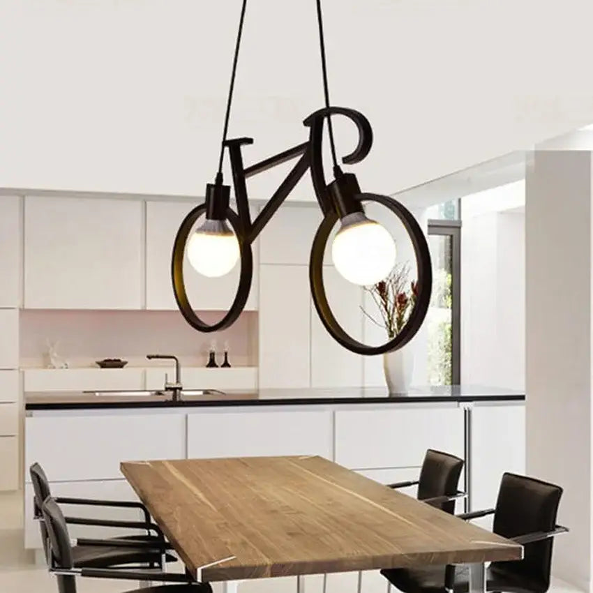 Vintage black iron bicycle chandelier pendant light decorbites iron bicycle with two exposed bulb lamps for living room decor