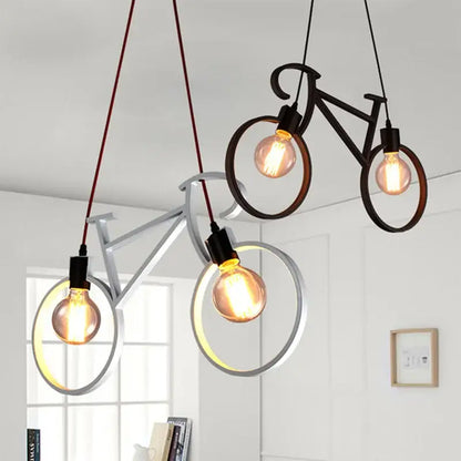 Set of three vintage black iron bicycle chandelier pendant lights with chrome and black frames by decorbites iron bicycle