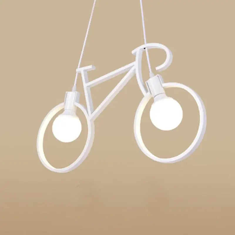 Vintage black iron bicycle chandelier with white bicycle-shaped pendant light and two illuminated bulbs by decorbites iron