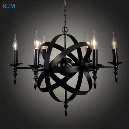 Vintage black iron pendant light featuring a wrought iron atomic orb design with five candle-style bulbs decorbites iron pendant
