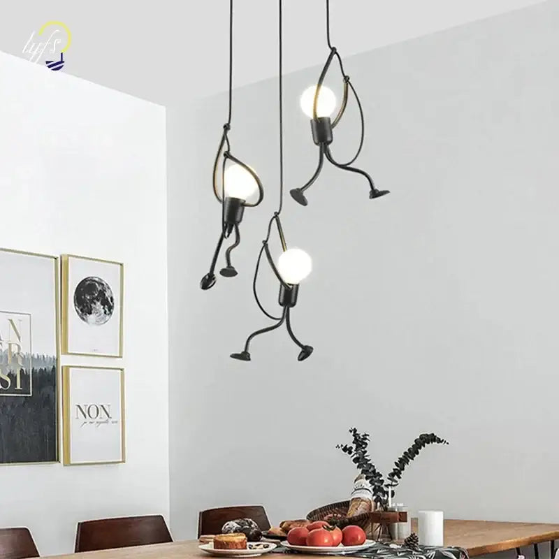 Vintage black man iron pendant light featuring whimsical stick figure design with glowing bulbs for bedroom use