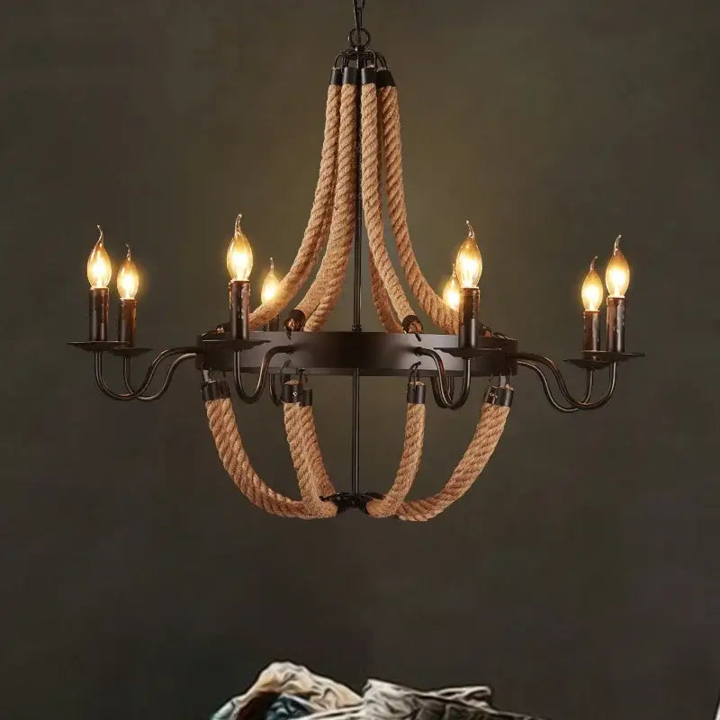 Vintage black metal industrial hemp rope chandelier with six lit candle bulbs for dining room decorbites industrial hemp