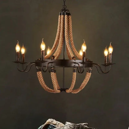 Vintage black metal industrial hemp rope chandelier with six lit candle bulbs for dining room decorbites industrial hemp