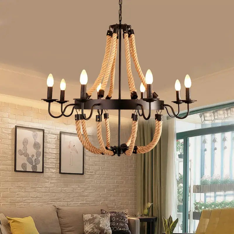 Vintage black metal chandelier with six candle bulbs and thick beige industrial hemp rope accents for dining room decorbites industrial hemp rope lighting