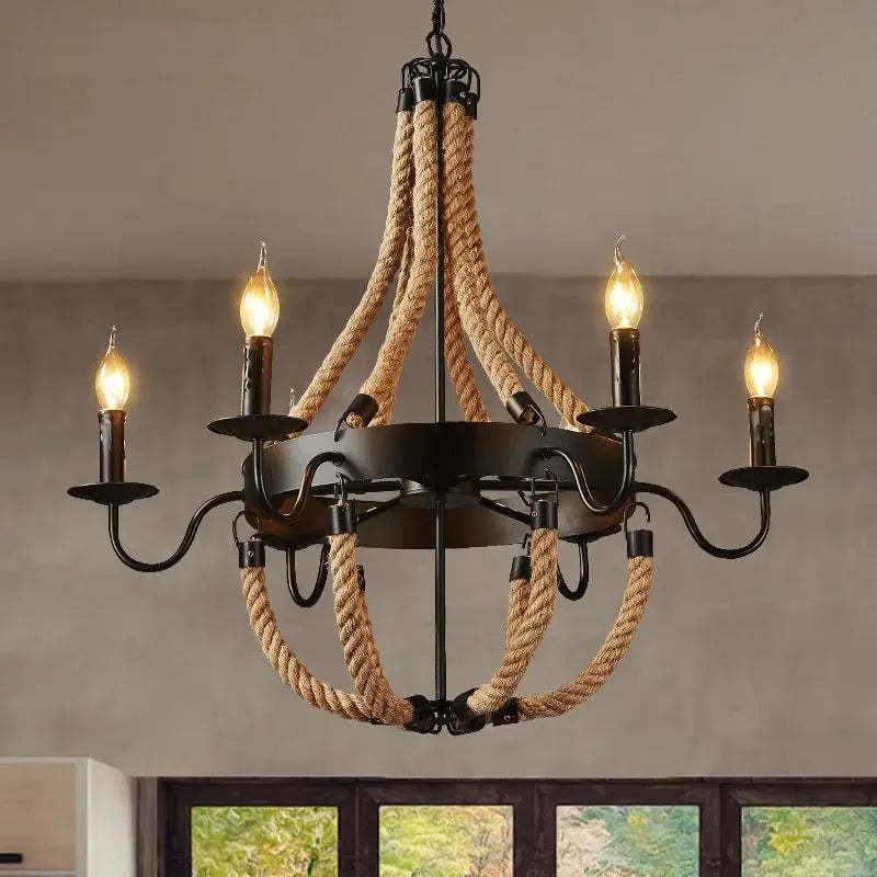 Vintage black metal industrial hemp rope chandelier with thick natural hemp rope and five candle-style bulbs for dining decorbites industrial hemp
