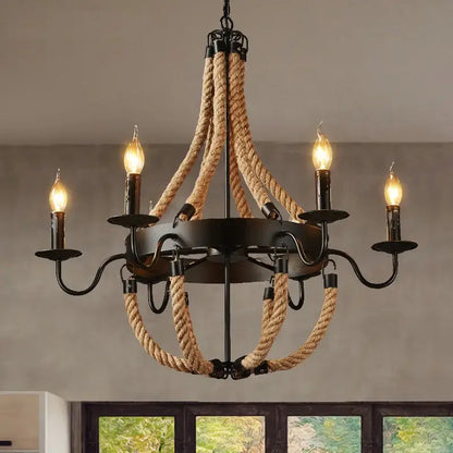 Vintage black metal industrial hemp rope chandelier with thick natural hemp rope and five candle-style bulbs for dining decorbites industrial hemp