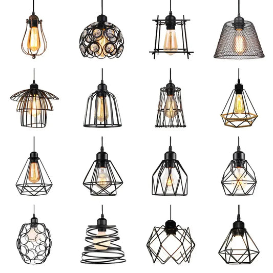 Vintage black metal pendant light with wire cage design and exposed edison bulbs for dining room use