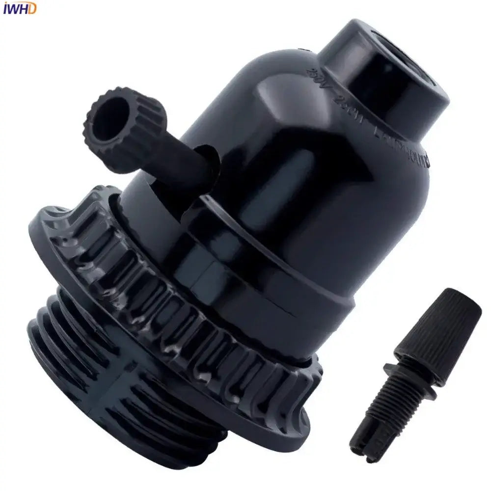 Vintage black plastic e27 socket lamp holder with textured ridged base and matching screw cap for bedroom use