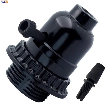 Vintage black plastic e27 socket lamp holder with textured ridged base and matching screw cap for bedroom use