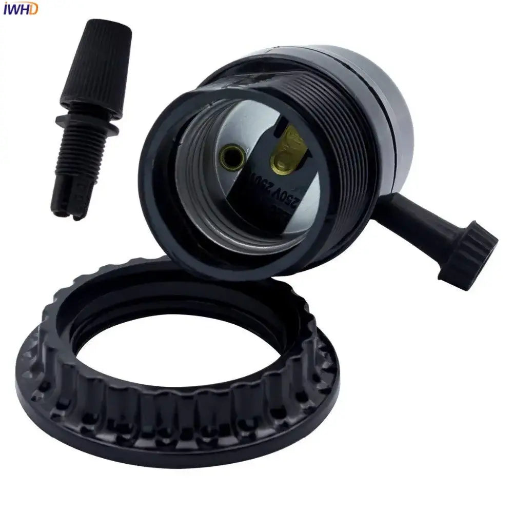 Vintage black plastic e27 socket lamp holder with threaded metal contacts and matching black mounting ring for bedroom use