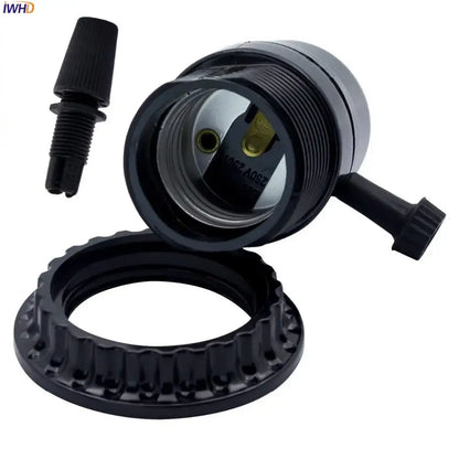 Vintage black plastic e27 socket lamp holder with threaded metal contacts and matching black mounting ring for bedroom use