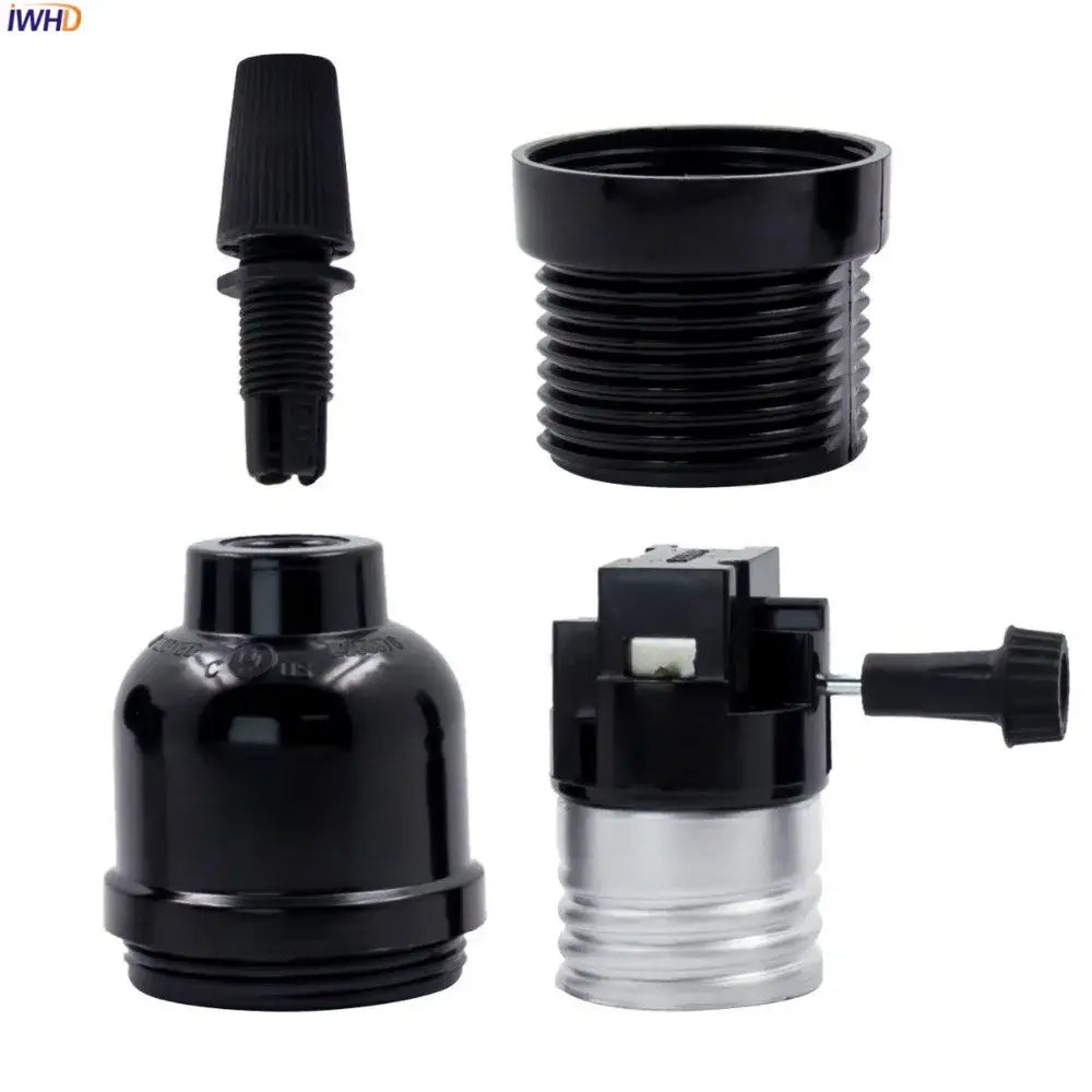 Vintage black plastic e27 socket lamp holder with threaded metal base and switch mechanism for bedroom use