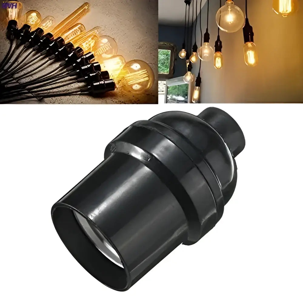 Vintage black plastic e27 socket lamp holder with cylindrical shape and ridged texture for bedroom use