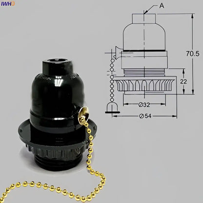 Vintage black plastic e27 socket lamp holder with gold-colored ball chain for bedroom switch base use