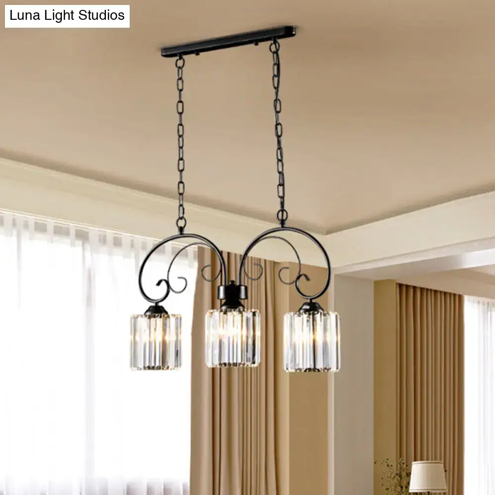 Vintage black wrought iron ceiling light with three prismatic crystal glass shades for dining room use
