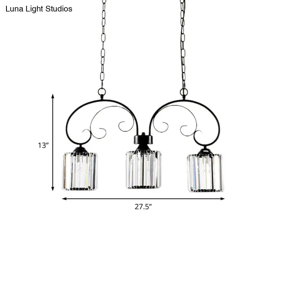 Vintage black wrought iron ceiling light with three clear prismatic crystal glass shades for dining room