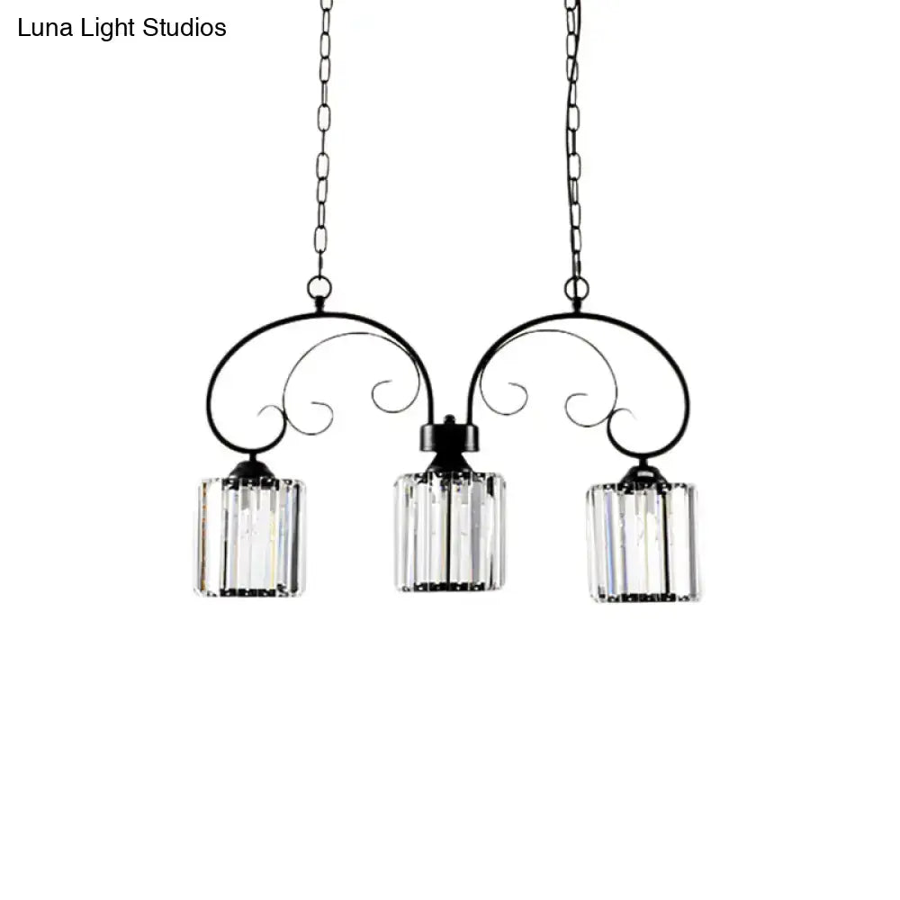 Vintage black wrought iron ceiling light with three clear prismatic crystal shades for dining room use
