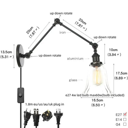 Vintage black swing arm wall lamp with glass shade and adjustable arms including led bulb by decorbites black vintage