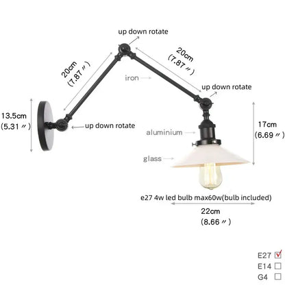 Black vintage swing arm wall lamp by decorbites with adjustable iron and aluminum arms and frosted glass shade