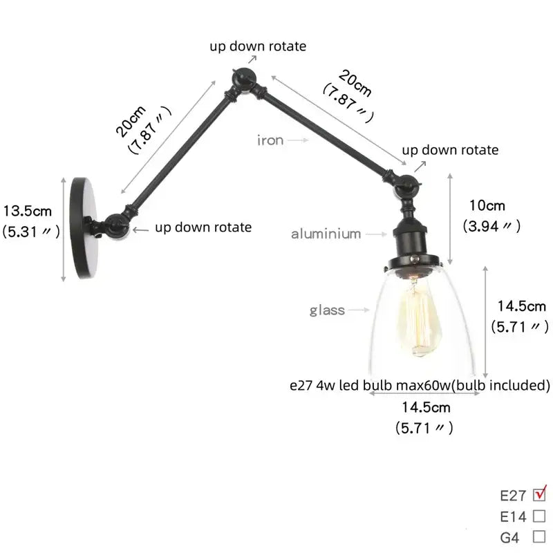 Black vintage wall lamp with adjustable iron and aluminum arms and clear glass shade for bedroom use