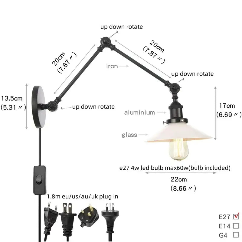 Black vintage wall lamp with adjustable black iron and aluminum swing arm and white glass shade for bedroom use