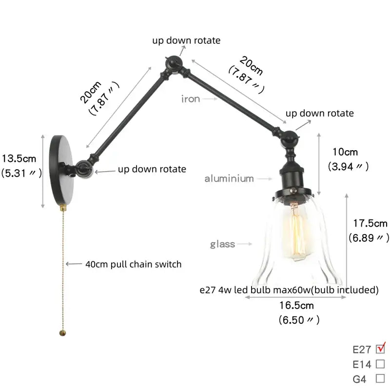 Black vintage wall lamp with adjustable black wrought iron and aluminum arm and clear glass e27 led bulb shade for bedroom