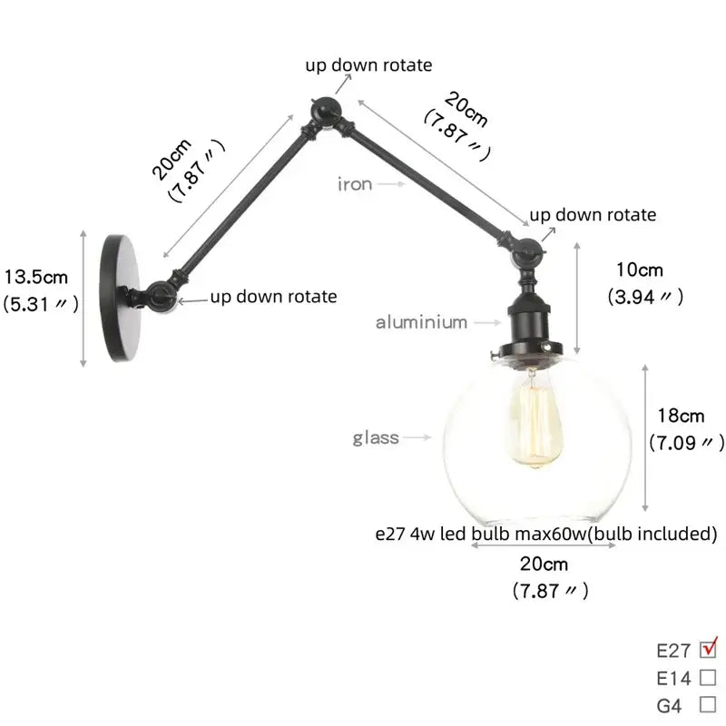 Black vintage wall lamp with adjustable wrought iron arm and clear glass globe featuring edison bulb for bedroom use