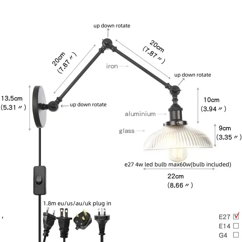 Vintage black wall lamp with adjustable iron and aluminum arms and ribbed white glass shade for bedroom use