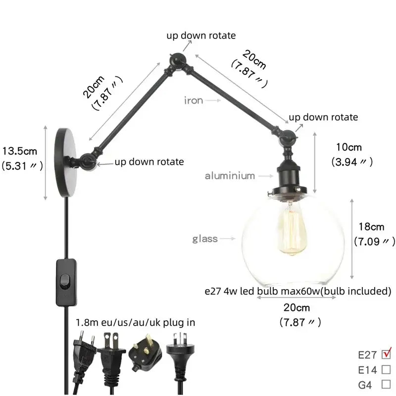 Vintage black wall lamp with adjustable black iron and aluminum swing arm and clear glass globe for bedroom use