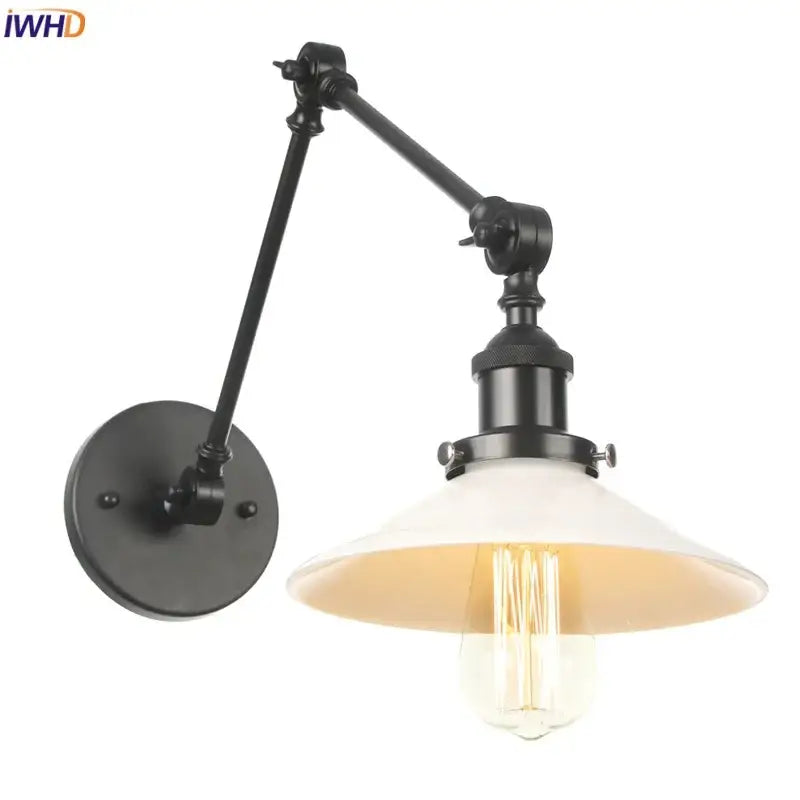Black vintage wall lamp with wrought iron adjustable arm and white glass shade featuring exposed filament bulb