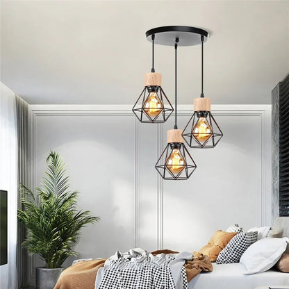 Vintage Black Wood and Iron Cage Pendant Light - Decorbites