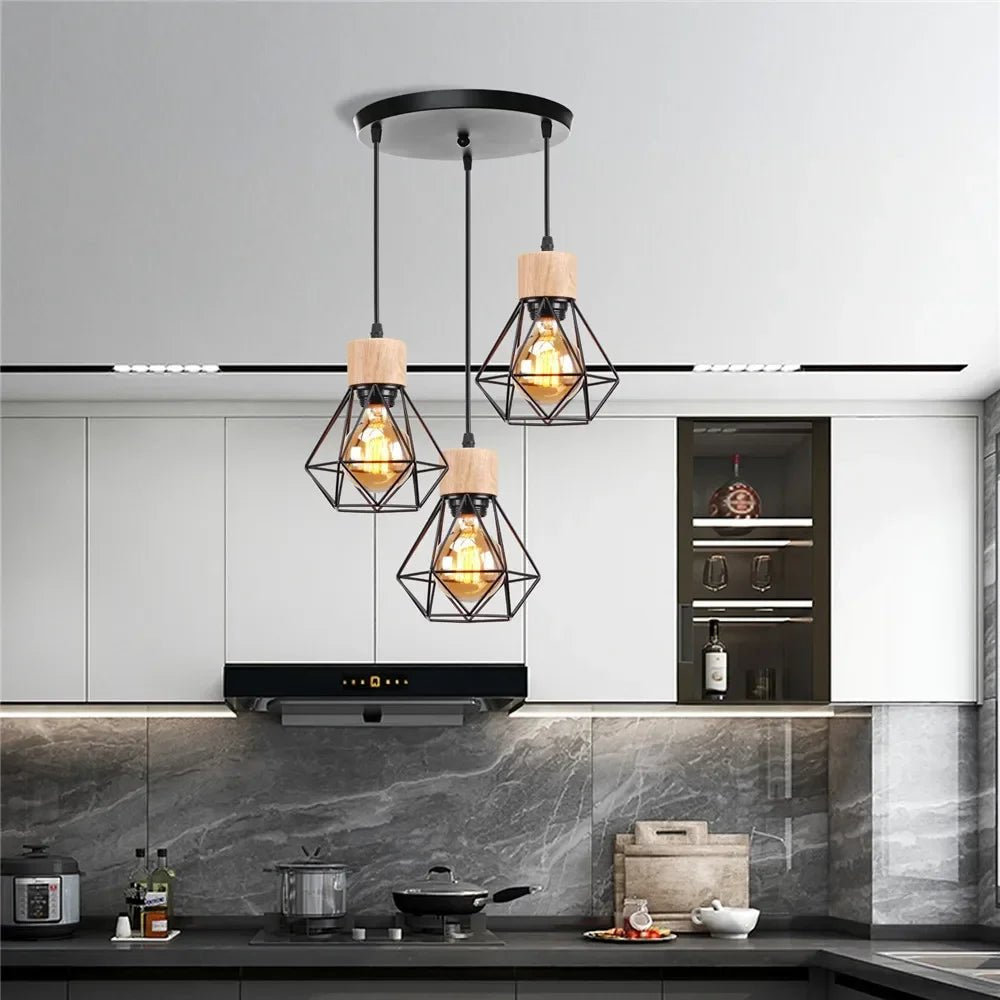 Vintage Black Wood and Iron Cage Pendant Light - Decorbites