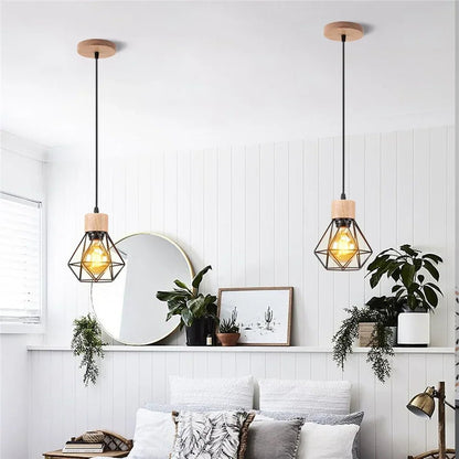Vintage Black Wood and Iron Cage Pendant Light - Decorbites